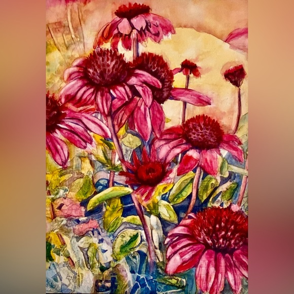 Coneflowers Art Print on Card Stock 5” x 7” in a white mat to fit 8” x 10” frame - Picture 2 of 2